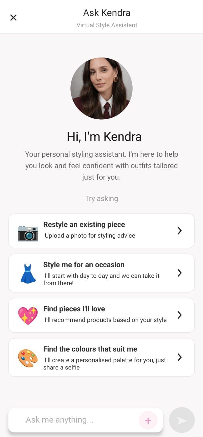 Ask Kendra screen listing four styling capabilities