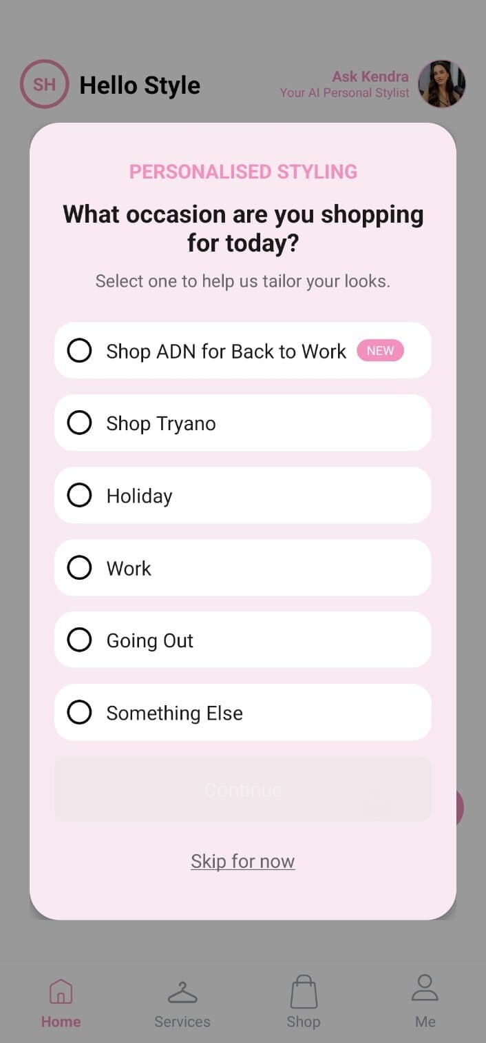 Occasion selection screen for personalised styling