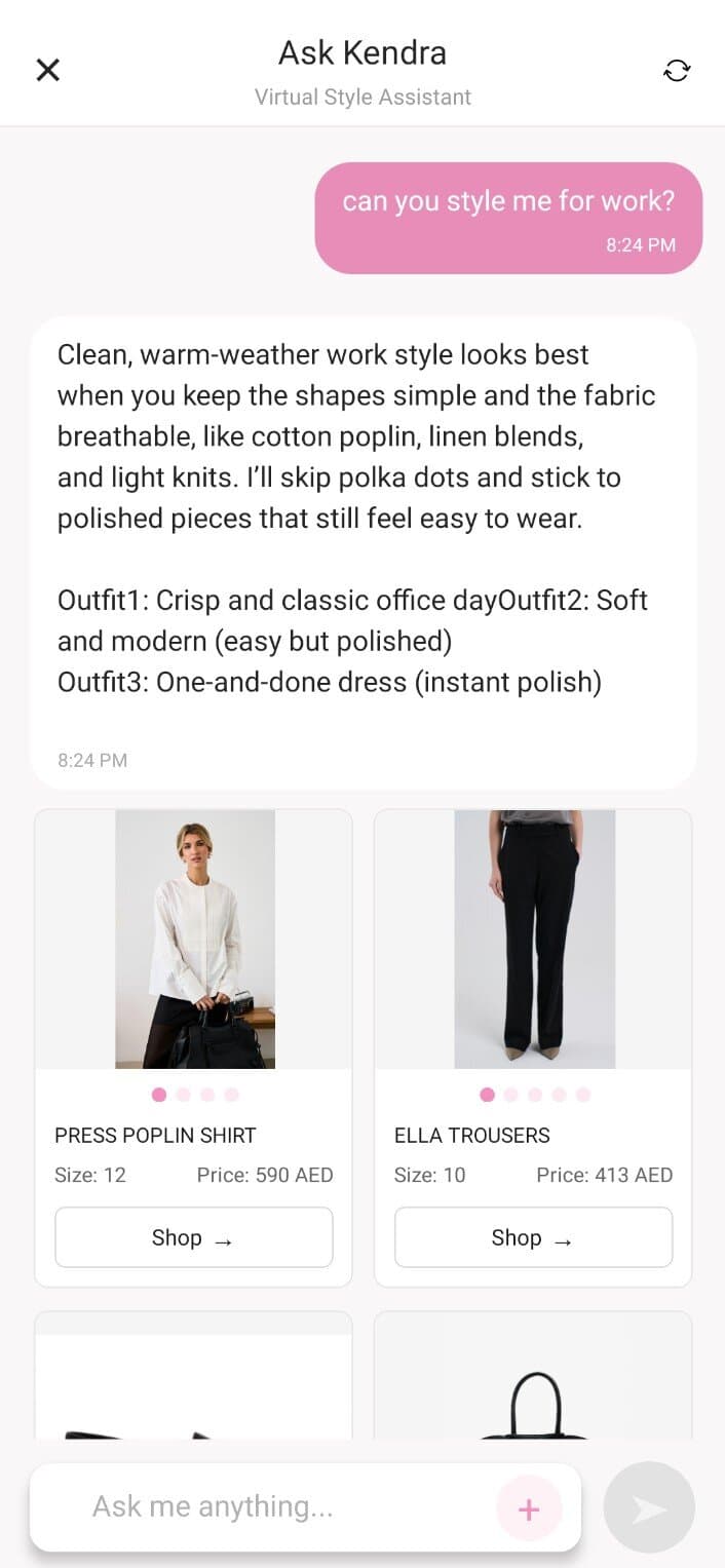 Kendra conversation recommending workwear with shoppable products