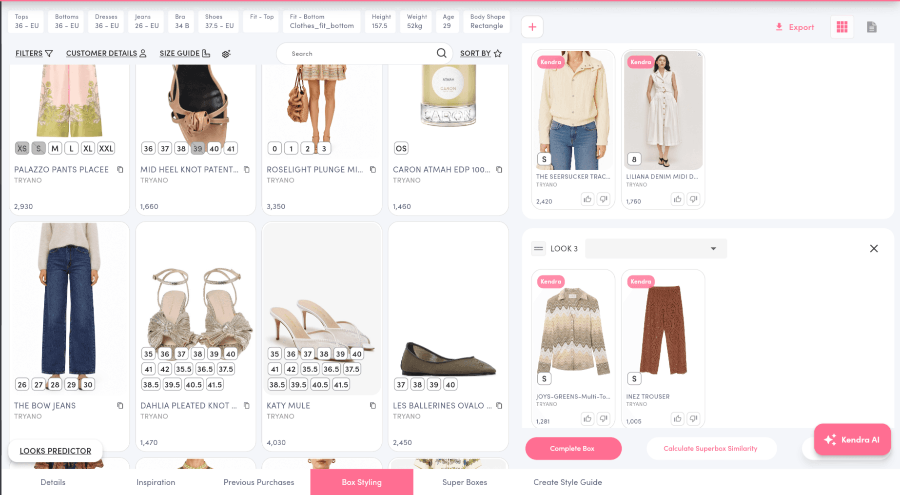 The Julia stylist portal, showing Kendra-suggested pieces being assembled into a look for a customer